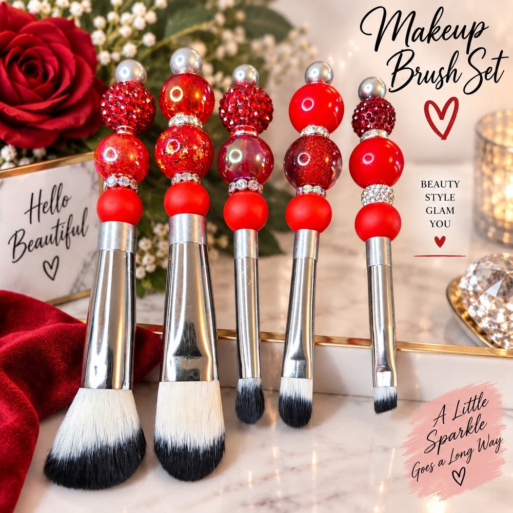 Handmade Beaded Makeup Brush Set 5pc Red Rhinestone Glitter Glam Beauty Tools